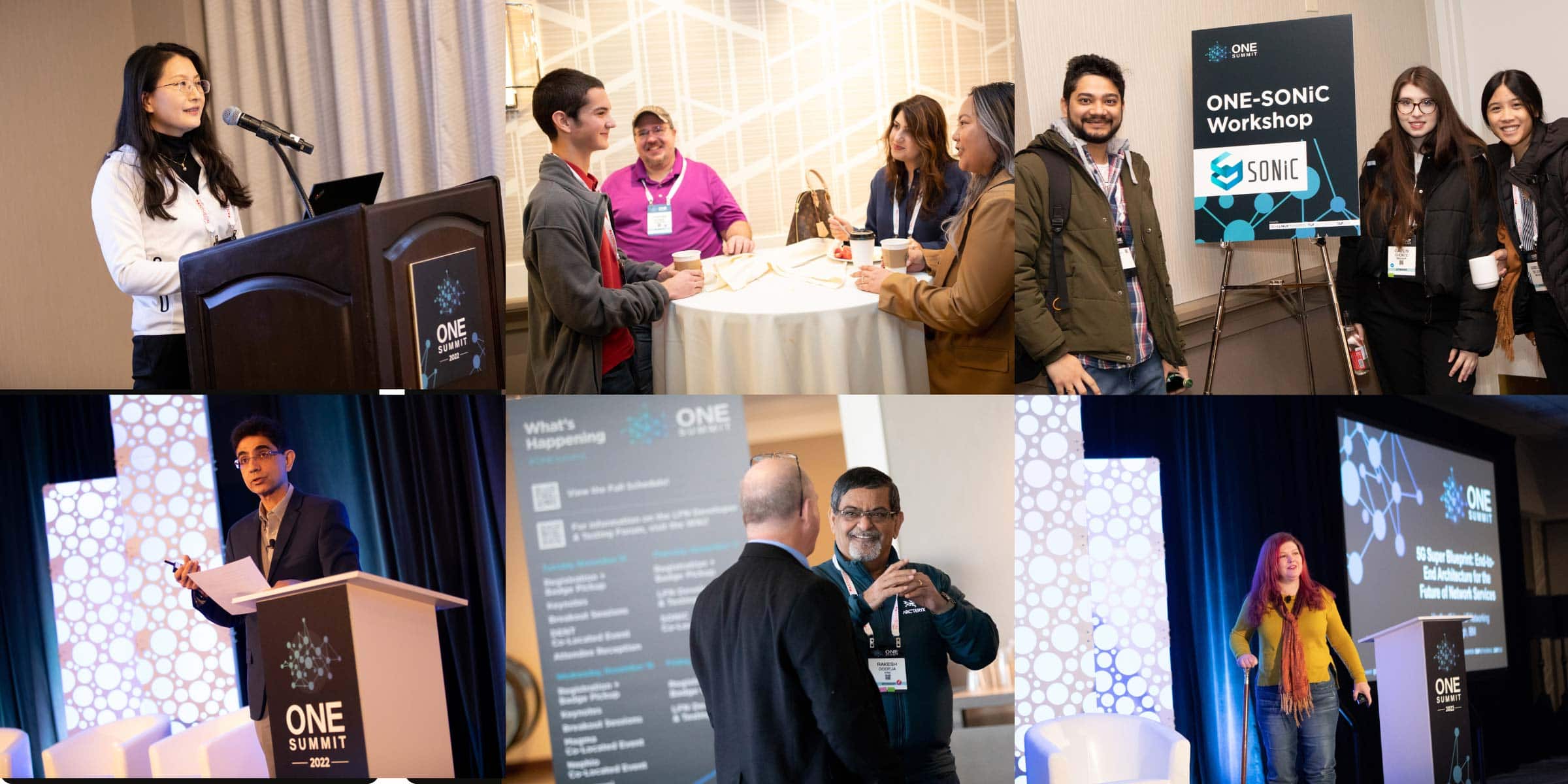 A collection of images of attendees and speakers at ONE Summit.